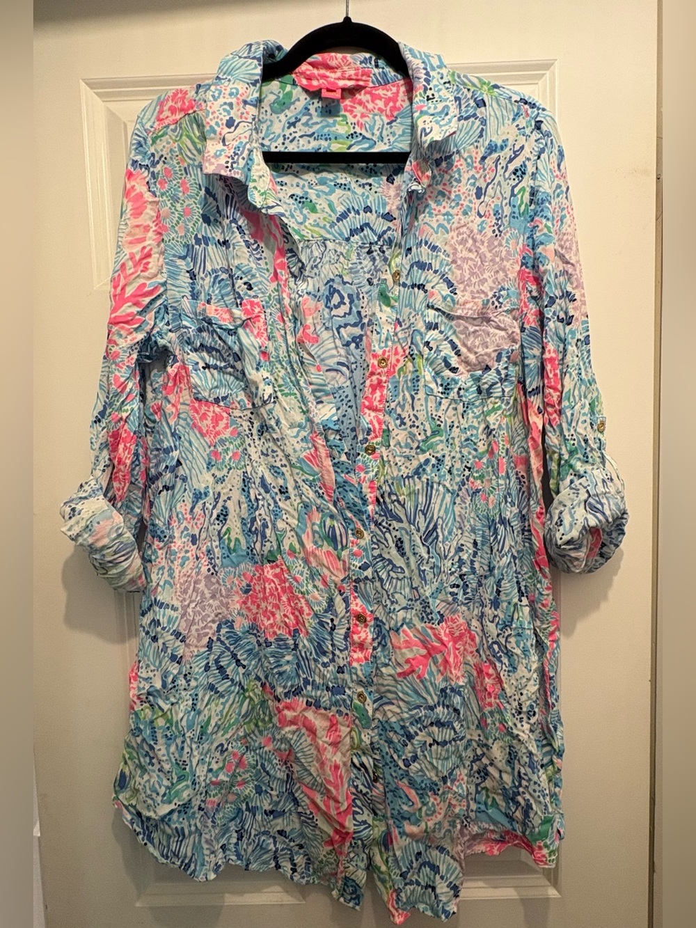 Lily Pulitzer Bright Tropical Print Button-Up Shirt - Blue & Pink